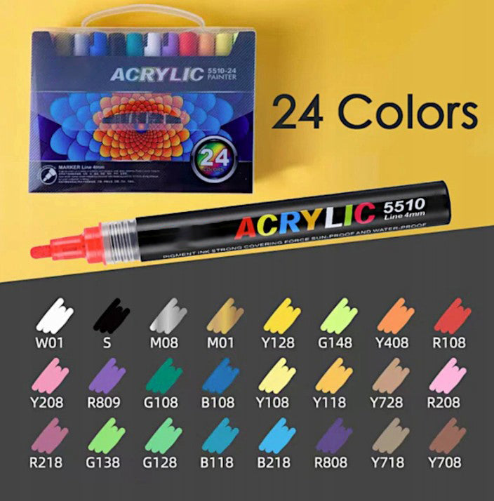 Set 24 de markere cu vopsea acrilica, Zola, varf 4 mm, rezistente la apa, pentru pictura pe hartie, panza, piatra, sticla, lemn, textile si ceramica, uscare rapida, multicolore Set 24 de markere cu vopsea acrilica, Zola, varf 4 mm, rezistente la apa, pentru pictura pe hartie, panza, piatra, sticla, lemn, textile si ceramica, uscare rapida, multicolore